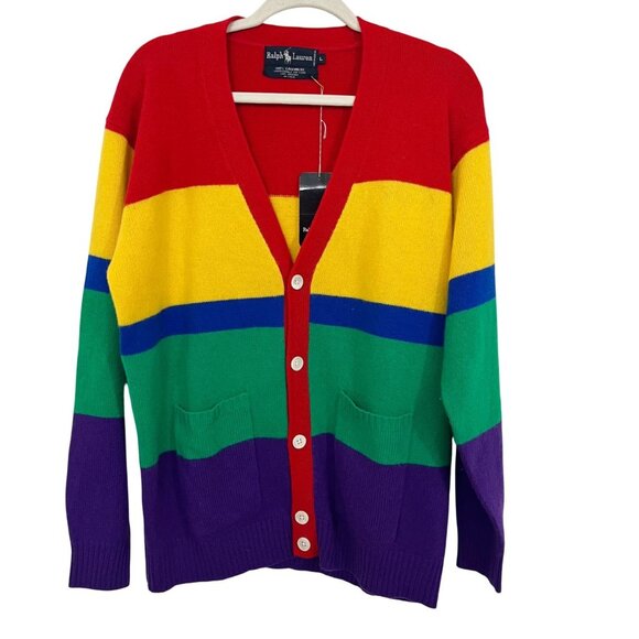 NEW Deadstock Vintage Ralph Lauren Striped Cashmere Cardigan Womens Size Large - Picture 1 of 5